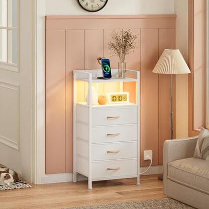 Furnulem White Nightstand with Charging Station,Small Dresser for Bedroom | 4 Drawer Tall Bedside Table with LED light & Remote Control, Metal Frame and Fabric Bins,Wood Desk Top,Easy Assemble for Dorm - color: White
