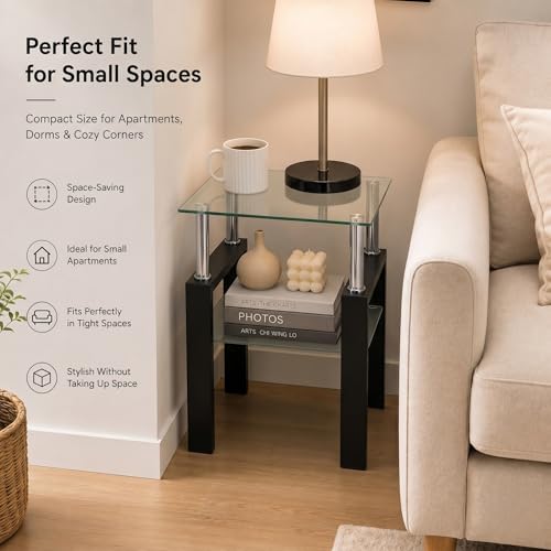 Meihua Glass End Table, Square Glass Side Table, 2-Tier Modern Nightstand with Metal Legs for Living Room&Bedroom (Transparent, 1pc) - color: Transparent, size: 1pc