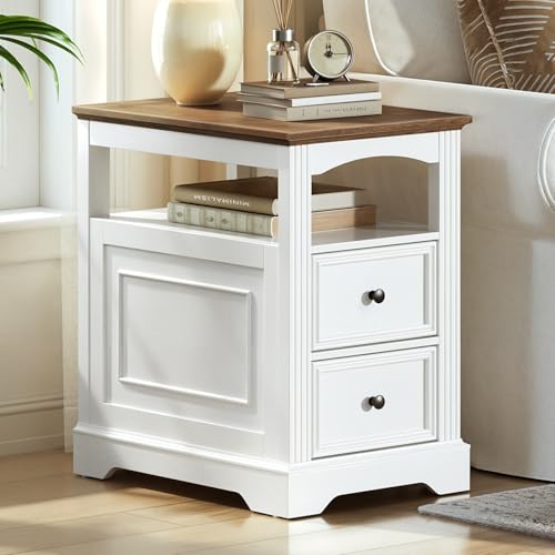 Farmhouse End Table with 2 Drawers, Narrow Sofa Side Table with Storage and Open Shelf, Wooden Nightstand for Small Spaces, Bedroom, Living Room, White and Walnut - color: White and Walnut