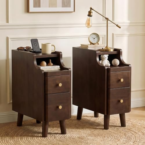 Narrow Nightstand with Drawers Set 2, Pre-Assembled Solid Wood Small Skinny Night Stand with Open Sliding Shelf Slim Bedside Table for Bedroom, Slim Side Table 2, Black Walnut, 8" - color: Black Walnut-2pack, size: 8"