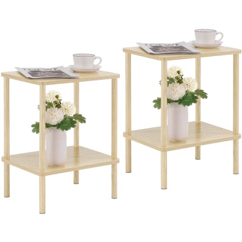 Apicizon End Table Set of 2, Side Table with Solid Wood Legs, Light Natural | Boho Bedside Table with Storage Shelf, Small Nightstand for Small Spaces, Bedroom, Living Room, Entryway, Easy Assembly - color: Light Natural, size: 2 Set, style: 2 Tier