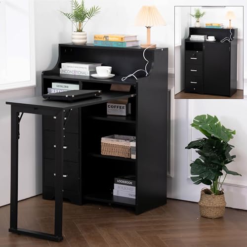 Folding Desk with Storage,Hidden Desk with Lockable Drawers & Shelves, Built-in Power Outlet,Fold Out Desk for Study and Home Office - color: Black