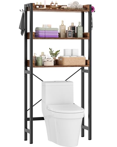 Besiost Over The Toilet Storage Rack - 3 Tier Bathroom Organizer with Shelves, Freestanding Space Saver Storage Rack Above Toilet Stand with 4 Hooks for Restroom, Laundry, Rustic Brown - color: Rustic Brown, size: 24.8"W