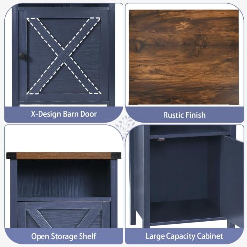 Catrimown Farmhouse Nightstand with Barn Door and Shelf, Side Table, Rustic End Table for Bedroom, Living Room, Navy Blue - color: Navy Blue