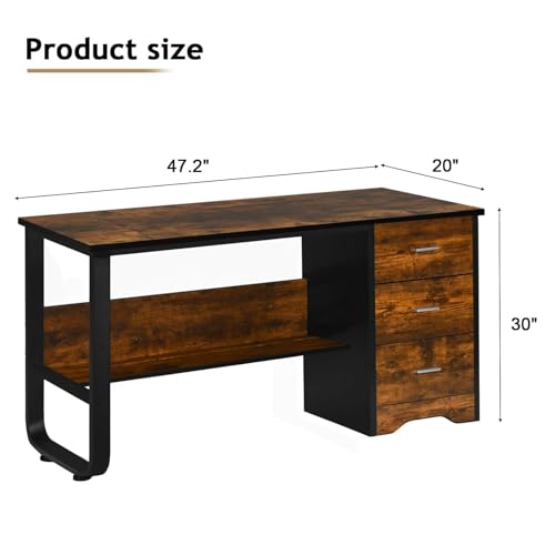 MaverickFurni Small Computer Desk with Drawers, 47 Inch Home Office Desk with 3 Drawers & Bottom Shelves, Study Desk with Storage for Bedroom, Writing and Work, Black and Brown