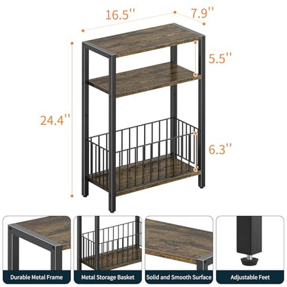 Yoobure Narrow Side Table with Storage Basket, Small End Table for Small Spaces Skinny Side Tables Living Room Bedroom, Slim Nightstand 3 Tier Bedside Table Space-Saving for Magazine, Rustic Brown - color: Rustic Brown