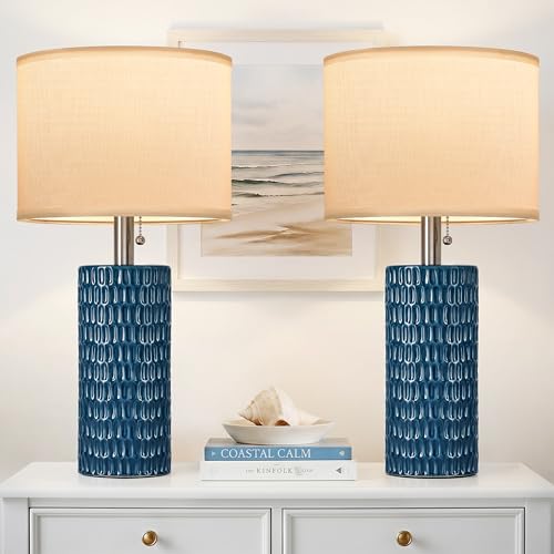 Reaketon Table Lamps for Living Room Set of 2, Ceramic Table Lamps for Bedroom, 20" Modern Lamps for Night Stands, Blue - color: Blue