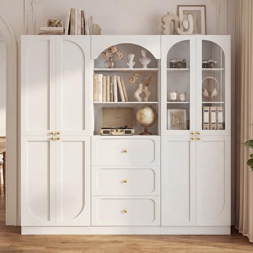 Cyclysio 80" Tall Bookcase System with 3 Drawers, Arched Bookshelf with Glass Doors, Wooden Pantry Storage Organizer Cabinets with 3-Tier Open Shelves for Living Room, Kitchen, Bathroom - color: White