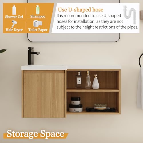 Malwee 36" Corner Floating Bathroom Vanity with Resin Sink, Left Side L-Shaped Wall Mounted Cabinet, Soft Close Door & Open Shelf, Space Saving Vanity for Small Bathroom, Light Brown - size: 36" (Left Sink)