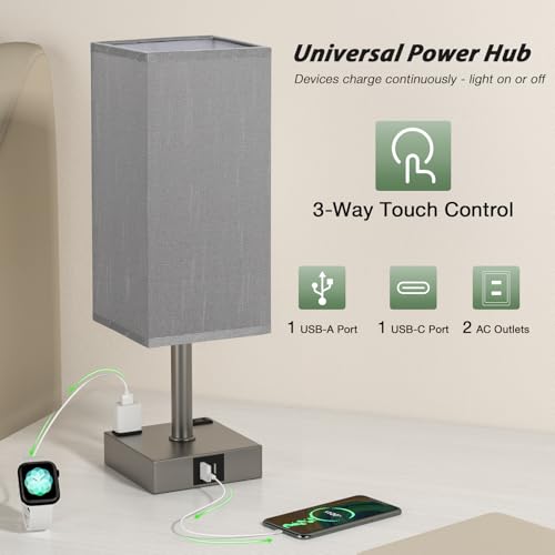 Grey Touch Lamps Set of 2 for Bedroom - Dimmable, USB C+A, 2 AC Outlets | 3-Way Dimming, 3000K LED Bulbs Included, Square Grey Lampshade Grey Base, Small Bedside Lamp for Nightstand, Desk - color: Grey-Grey