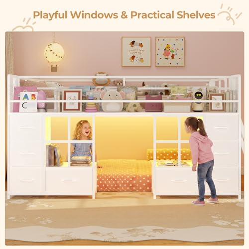 BTHFST Low Bunk Bed Twin Over Twin with 8 Fabric Drawers & Bookshelf, Twin Bunk Beds with RGB LED Lights, Windows, Metal Bunk Beds for Kids with Slanted Ladder & Safety Guardrails, Space Saving, White