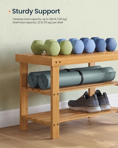 SONGMICS HOME 3-Tier Bamboo Shoe Bench, Shoe Rack, for Entryway Bathroom Bedroom, 11.5 x 27.8 x 18 Inches, Natural - color: Natural