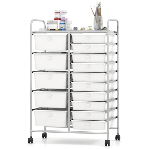 DREAMADE 15 Drawer Rolling Storage Cart, Mobile Craft Cart with Lockable Wheels, Removable Plastic Drawers & Metal Frame, Utility Cart for Home Office Classroom Studio (White) - color: White, size: 24.5"L x 15"W x 38"H