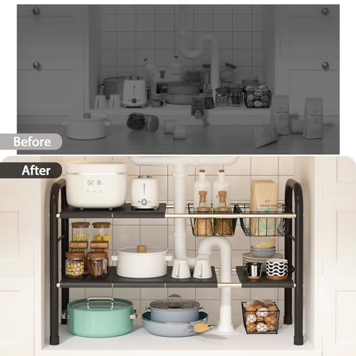 Expandable Under Sink Organizer, 2 Tier Under Sink Shelf | With 2 Removable Baskets and 6 Removable Panels, For Cabinet Sink Cloakroom Wardrobe Closet Storage, Black, 17.71”-32”Length