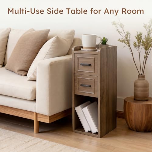 Narrow Nightstand Set of 2, Modern Small Bedside Table with Drawers & Open Shelf, Modern End Table for Bedroom Small Spaces, Apartments, Renters, Walnut - color: Narrow Walnut