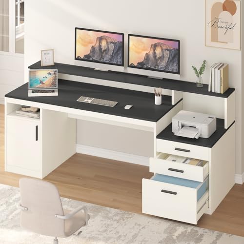 YOMILUVE 65 Inch Computer Desk with 3 Drawers & Storage Shelves, Executive Desk with File Drawer & Cabinet, Home Office Desk with Long Monitor Stand & Printer Shelf, Black & White - color: Black & White