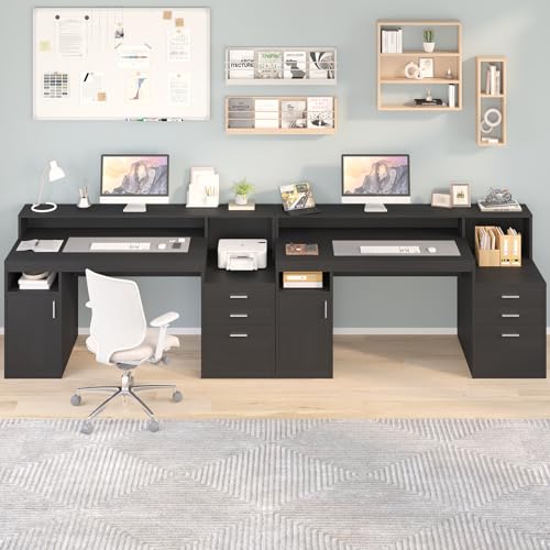 YOMILUVE Computer Desk with 3 Drawer & Storage Shelves, Home Office Desk with File Drawer & Cabinet, Writing Study Table with Long Monitor Stand & Printer Shelf, Executive Desk, Black - color: Black