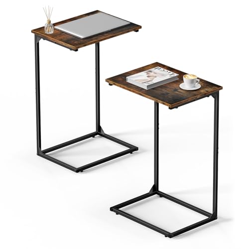 C Shaped End Tables Set of 2, Couch Tables that Slide Under Sofa, High Table TV Trays for Living Room & Bedroom, Modern Side Tables with Sturdy Metal Frame, Rustic Brown (Rustic Brown)