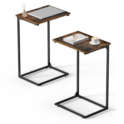 C Shaped End Tables Set of 2, Couch Tables that Slide Under Sofa, High Table TV Trays for Living Room & Bedroom, Modern Side Tables with Sturdy Metal Frame, Rustic Brown (Rustic Brown)