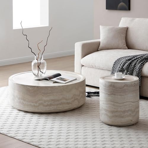 Faux Marble Round Side Table for Living Room Faux Stone Side Table End Tables Modern Travertine Circle End Tables for Apartment, No Need Assembly (Fiberglass-15.74'') - color: Faux Marble-15.74inch