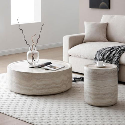 Faux Marble Round Side Table for Living Room Faux Stone Side Table End Tables Modern Travertine Circle End Tables for Apartment, No Need Assembly (Fiberglass-15.74'') - color: Faux Marble-15.74inch