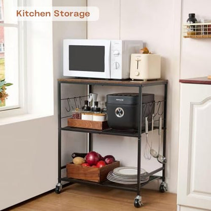 Rolling Kitchen Microwave Cart, 3 Tier Microwave Stand with Storage, Small Kitchen Island on Wheels, Wood and Mental Kitchen Shelf Rack, Black Organizer for Living Room, Office, Balcony - color: Black