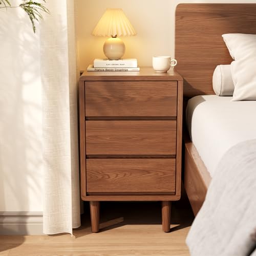 Tall Nightstand Walnut Night Stand with 3 Drawers Mid Century Modern Nightstand with Storage,Solid Wood Night Stand,Small Bedside Table for Bedroom,Living Room,Office,Walnut Bedside Table - color: Deep Walnut, style: 3 drawers