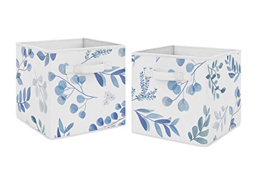 Sweet Jojo Designs Floral Leaf Foldable Fabric Storage Cube Bins Boxes Organizer Toys Kids Baby Childrens - Set of 2 - Blue Grey and White Boho Watercolor Botanical Flower Woodland Tropical Garden - color: Blue Botanical