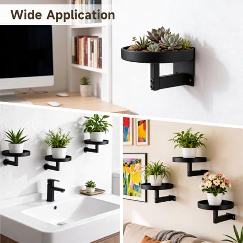 OMISTAR 3 Pack Wall Plant Holders for Indoor Plants, 5.9 Inch Metal Floating Shelves with Round Trays, Wall Mounted Plant Stands for Small Pots, Black
