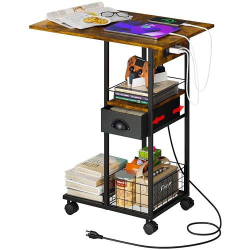 Rolling C-Shaped Side Table with Charging Station, Night Stand with Type-C & USB Port and Outlet for Bedroom, Spacious Coffee Table with Wheels for Living Room, Home Office, Small Space(Large Desktop) - color: Black, size: X-Large (With Charging)