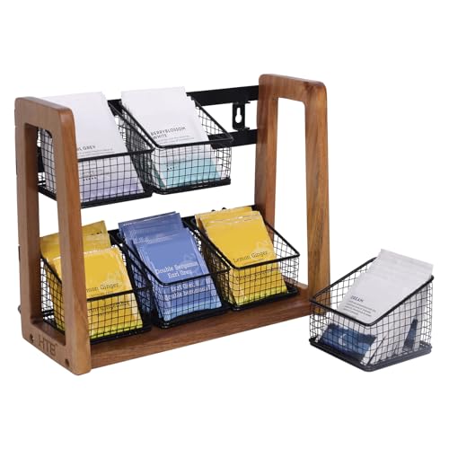 HTB 2 Tier Tea Organizer for Tea Bags with 6 Removable Metal Baskets | Acacia Wood Tea Bag Holder for Sugar Packets, Sweeteners, Creamers,Tea Bag Box Caddy for Cabinet, Counter,Office Wall-mounted - color: OGB-132