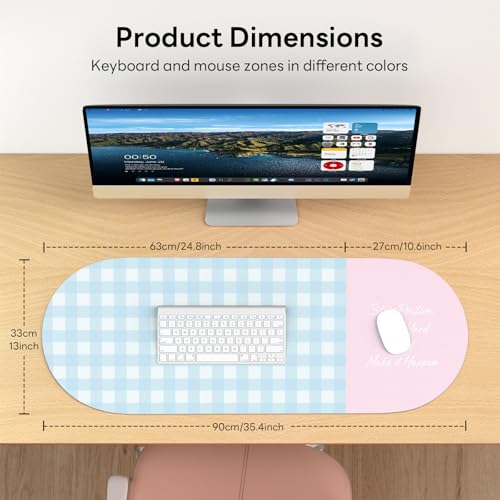 Checkered Pattern Desk Pad Protector, 35.5 x 13'' Aesthetic Mouse Mat for Desktop, Waterproof PU Leathe Non-Slip Desk Writing Pad for Office and Home, Blue and Pink - color: Blue and Pink