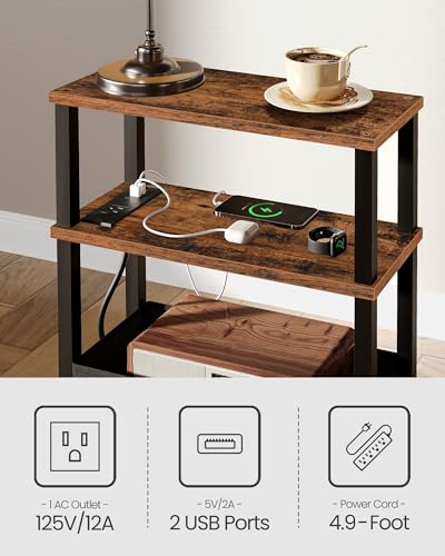 CHOEZON Narrow Side Table with Charging Station, Skinny End Table with Fabric Basket, Slim Nightstand for Small Spaces, Small Side Table, for Living Room, Bedroom, Rustic Brown and Black TBZ07UBF - color: Rustic Brown + Black