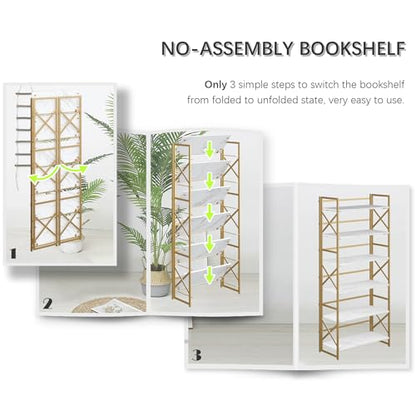 4NM 6 Tiers No Assembly Book Shelves, 61.8" H Folding Bookshelf Bookcase Open Industrial Foldable Shelves for Bedroom, Living Room, Home Office - White Gold - color: White Gold, size: XX 6-Tier