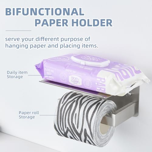 APLusee Brushed Nickel Toilet Paper Holder with Shelf, Left Side 304 Stainless Steel Tissue Roll Hanger, Wall Mounted - color: Brushed Nickel