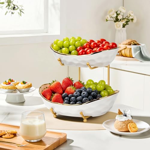 Fruit Bowl for Kitchen Counter - 2 Tier Ceramic Fruit Basket, Fruit Holder for Fresh Fruit & Veggies, Modern Tiered Fruit Platter Serving Trays for Party - color: 2White-Rack01