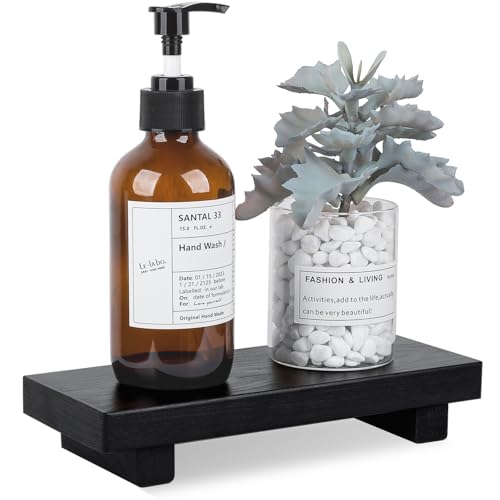 Bathroom Counter Organizer Wood Pedestal Stand Farmhouse Decorative Tray Soap Holder for Kitchen Decor, Small, Black - color: Black, size: 8.7" x 3.6" x 1.6"
