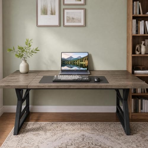 Garvee Modern Computer Desk, 70.8 Inch Home Office Work Desk,Farmhouse Gaming Writing Work from Home Study Desk,Sturdy Metal Frame for Bedroom,Home Office - color: Gray + Black Leg