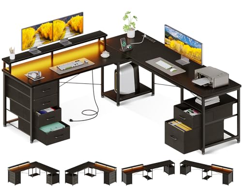 AODK 66" L Shaped Computer Desk, 113“ Reversible Home Office Desk with File Cabinet & 4 Fabric Drawers, Two Person Desk with LED Lights & Power Outlet, Corner Gaming Desk with Monitor Shelf, Black - color: Black
