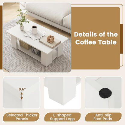 POWERSTONE 41 Inch 2-Tier Coffee Table with Storage Shelf, Wood Farmhouse Center Table with L Legs & Extra Bottom Support for Living Room, White - color: White