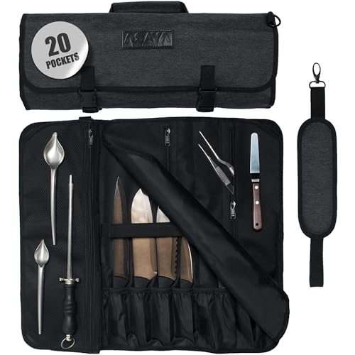 Asaya Waxed Nylon Chef Knife Roll Bag with 20 Slots and Zippered Pockets - Professional Chef Knife Bag & Storage Case, Tool Carrier with Shoulder Strap - Knives Not Included (Black) - color: Black