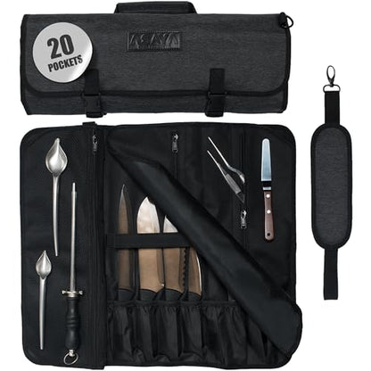 Asaya Waxed Nylon Chef Knife Roll Bag with 20 Slots and Zippered Pockets - Professional Chef Knife Bag & Storage Case, Tool Carrier with Shoulder Strap - Knives Not Included (Black) - color: Black