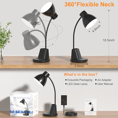 Desk Lamp for Home Office, 10W Wireless Charging, Eye-Caring LED Desk Light, CRI 95+ 3 Color Modes Stepless Dimming Pen Holder, 360° Flexible Arm Desk Lamps for College Dorm, Adapter Included