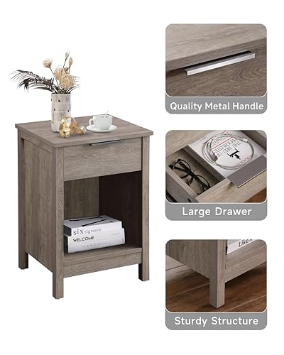 Nightstand with Drawer,3-Tier End Side Table with Storage Drawer and Shelf,Modern Bedside Night Stand for Bedroom, Living Room-Retro Rustic Grey - color: Rustic Grey, style: 1 Drawers