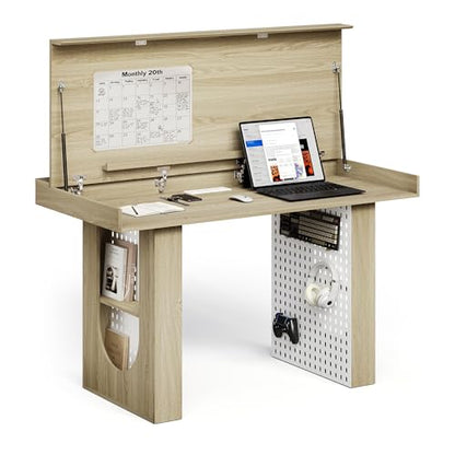 55" Convertible Computer Desk, 2-in-1 Flip-Top Desk & Dining Table with Hidden Storage, Built-in Power Strip, Pegboard, Soft-Close Gas Spring, Space-Saving for Small Apartment, Light Walnut - color: Ligjht Walnut