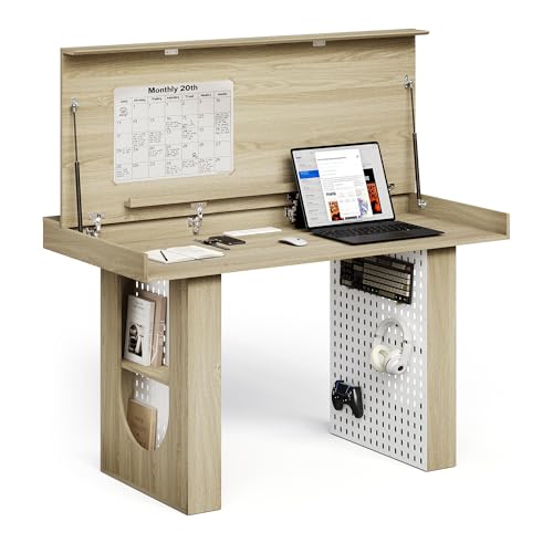55" Convertible Computer Desk, 2-in-1 Flip-Top Desk & Dining Table with Hidden Storage, Built-in Power Strip, Pegboard, Soft-Close Gas Spring, Space-Saving for Small Apartment, Light Walnut - color: Ligjht Walnut