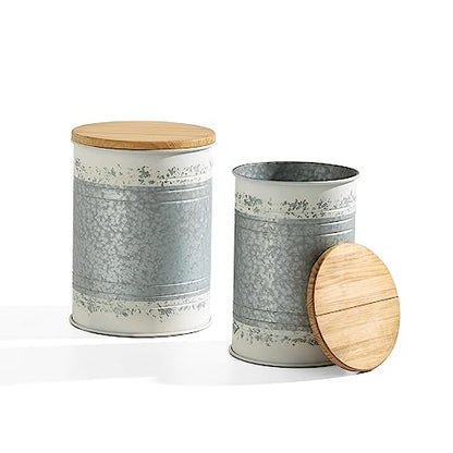 Glitzhome Rustic End Table Set of 2, Farmhouse Galvanized Metal Barrel Ottoman Storage Stool with Round Wood Lid for Living Room Furniture, Distressed White - color: Distressed White