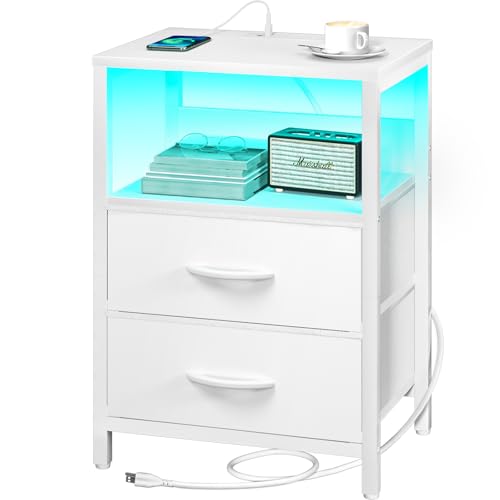 Yoobure Nightstand with Charging Station, LED Night Stand with Fabric Drawers and Storage Shelf for Bedroom, Nightstands Bedside Tables with USB Ports & Outlets, Small Night Stands, Bed Side Table - color: White