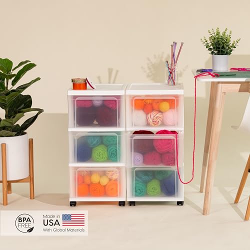 IRIS USA 3-Drawer Slim Narrow Storage Organizer Rolling Cart, White/Clear | Organize crafts, school supplies, accessories, and household items with slim storage and easy-access drawers