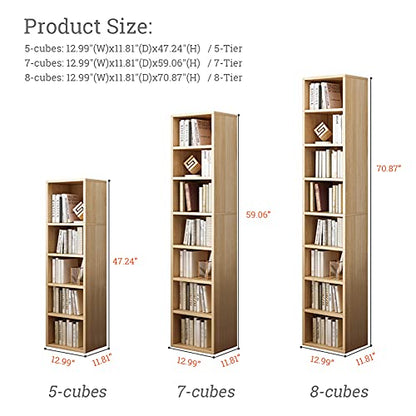 IOTXY Small Narrow Corner Bookcase - 47 Inches Tall Gap Freestanding Storage Cabinet, 5 Lattices Open Shelves Tower Rack, Cubes Bookshelf in Oak | Modern Minimalist Style, MDF Material, Adjustable Movable Shelves, 4 Latticed Tower Rack with a Door, Space-